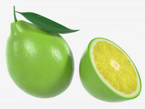 Fresh lemon with slice and leaf green 3D Model
