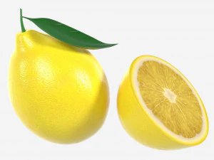 Fresh lemon with slice and leaf yellow 3D Model