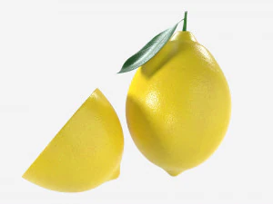 Fresh lemon with slice and leaf yellow 3D Model