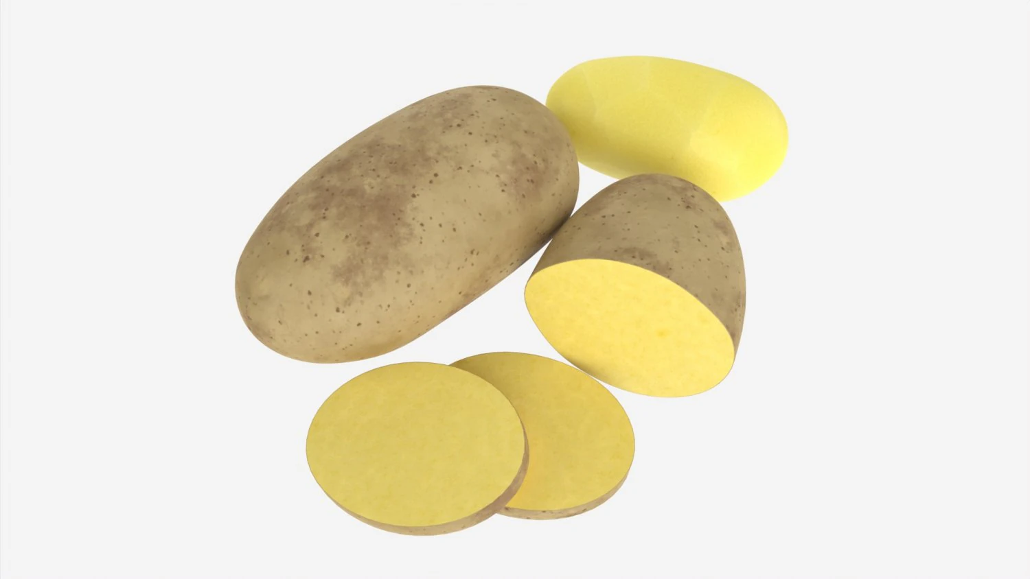 Potato whole half and slices 02 3D Model .c4d .max .obj .3ds .fbx .stl .blend 