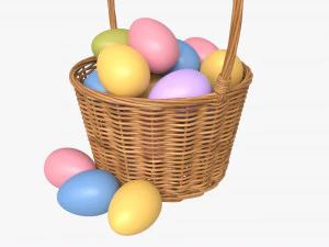 Easter Eggs in Wicker Basket with Handle 3D Model