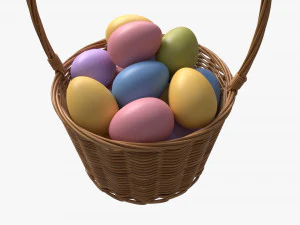 Easter Eggs in Wicker Basket with Handle 3D Model