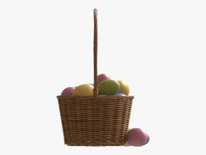 Easter Eggs in Wicker Basket with Handle 3D Model