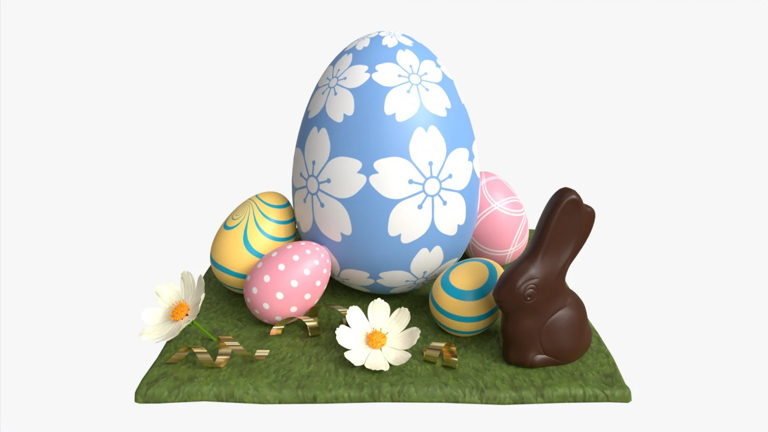 Easter Eggs Rabbit Flowers Composition 3D Model .c4d .max .obj .3ds .fbx .stl .blend 