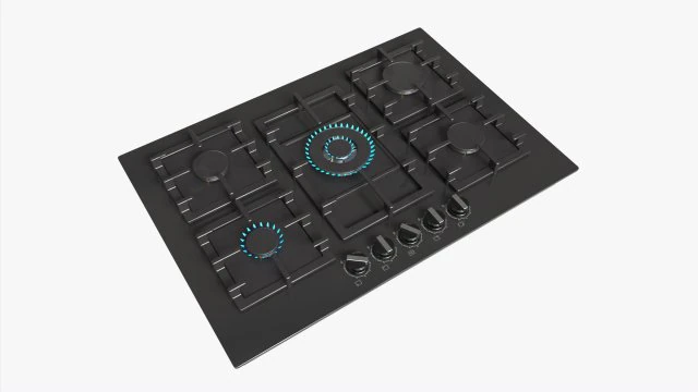 Газова варильна поверхня 5 конфорок, скло чорного кольору 3D Модель .c4d .max .obj .3ds .fbx .stl .blend 