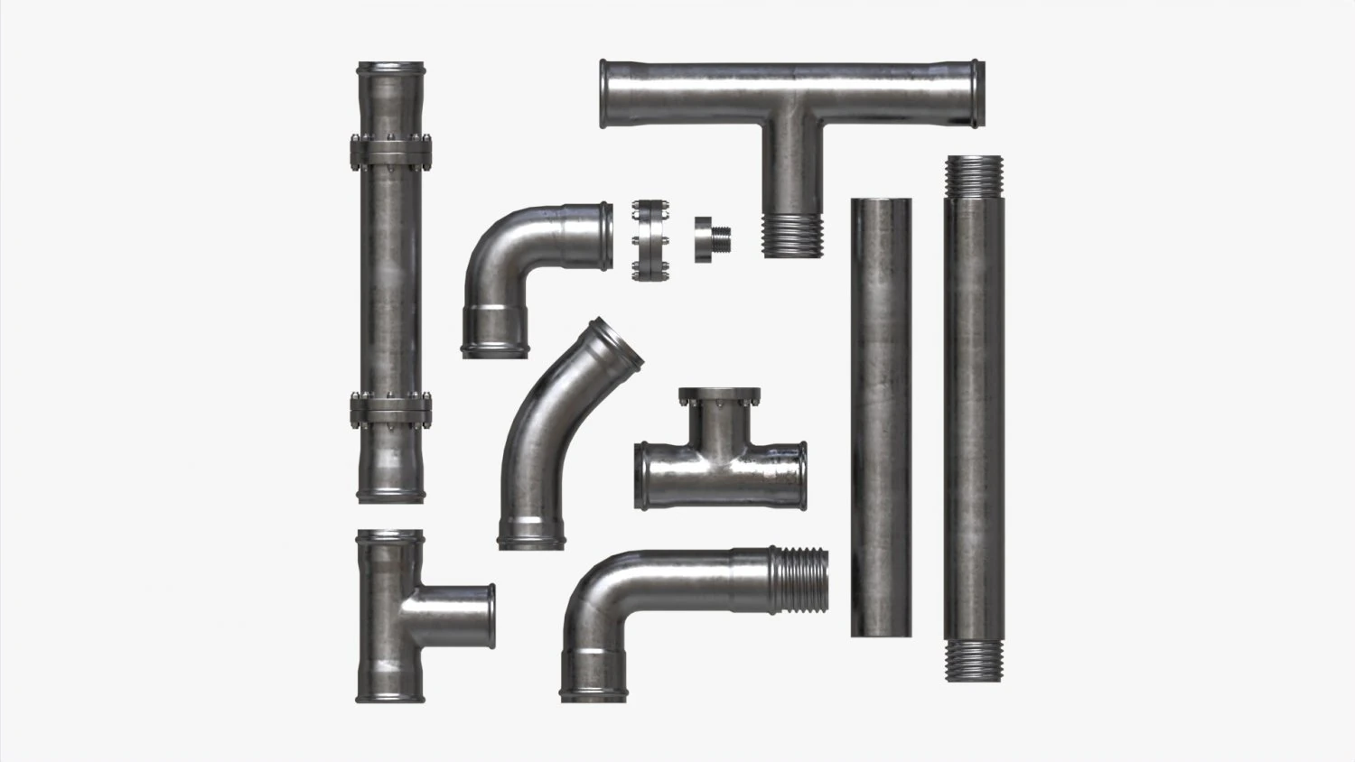 Metal Pipes with Fittings Set 3D Model .c4d .max .obj .3ds .fbx .stl .blend 