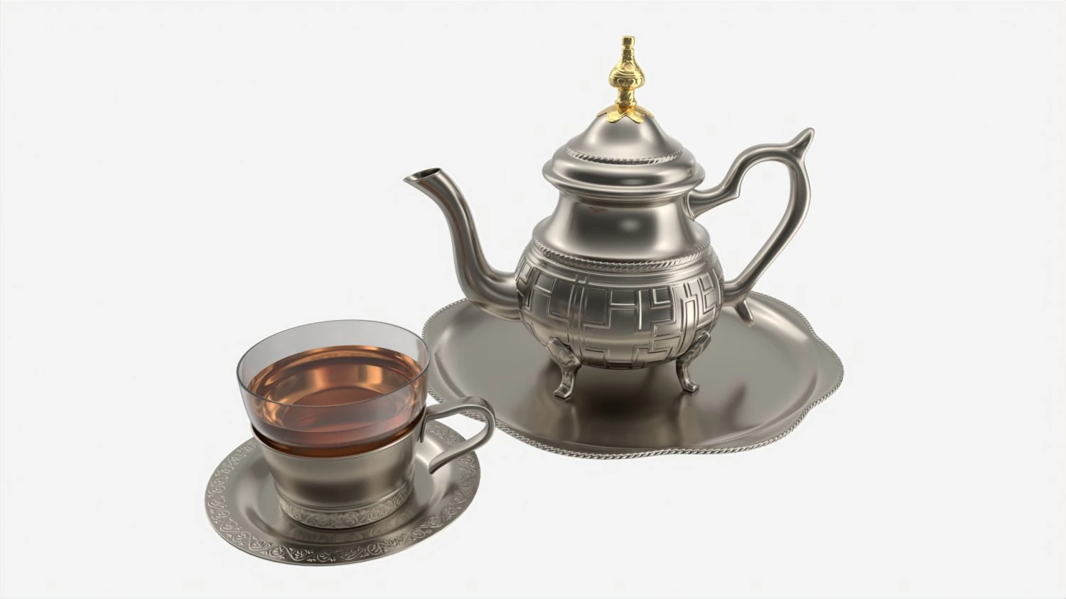 Silver Teapot and Cup with Tea 3D Model .c4d .max .obj .3ds .fbx .stl .blend