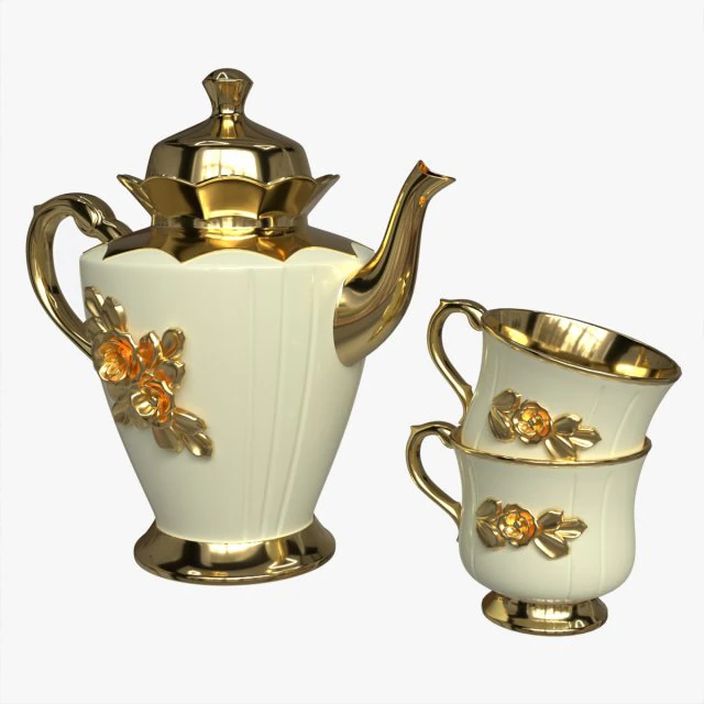 Tetera y tazas decoradas con flores doradas. Modelo 3D .c4d .max .obj .3ds .fbx .stl .blend 