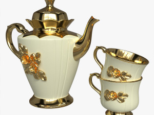 Teapot and Cups Decorated with Golden Flowers 3D Model