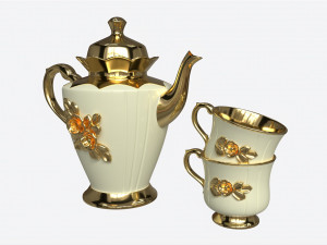 Teapot and Cups Decorated with Golden Flowers 3D Modell