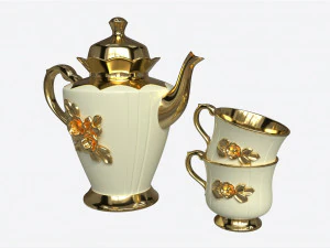 Tetera y tazas decoradas con flores doradas. Modelo 3D