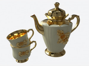 Teapot and Cups Decorated with Golden Flowers 3D Modell