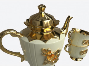 Teapot and Cups Decorated with Golden Flowers 3D Modell