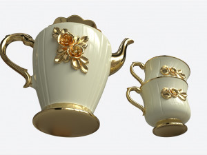 Teapot and Cups Decorated with Golden Flowers 3D Modell