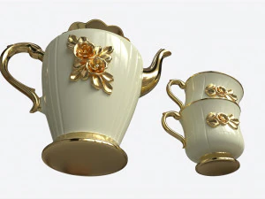 Tetera y tazas decoradas con flores doradas. Modelo 3D