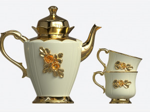 Teapot and Cups Decorated with Golden Flowers 3D Modell