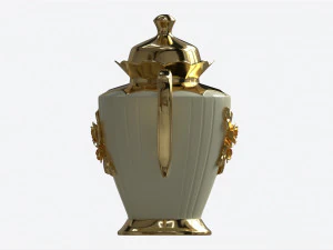 Tetera y tazas decoradas con flores doradas. Modelo 3D