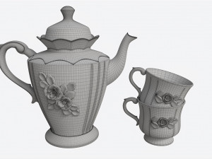 Teapot and Cups Decorated with Golden Flowers 3D Modell