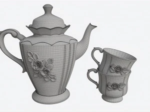 Tetera y tazas decoradas con flores doradas. Modelo 3D