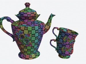 Teapot and Cups Decorated with Golden Flowers 3D Modell