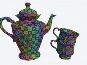 Tetera y tazas decoradas con flores doradas. Modelo 3D