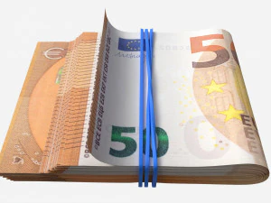 Euro banknote stack tied with rubber 3D Model