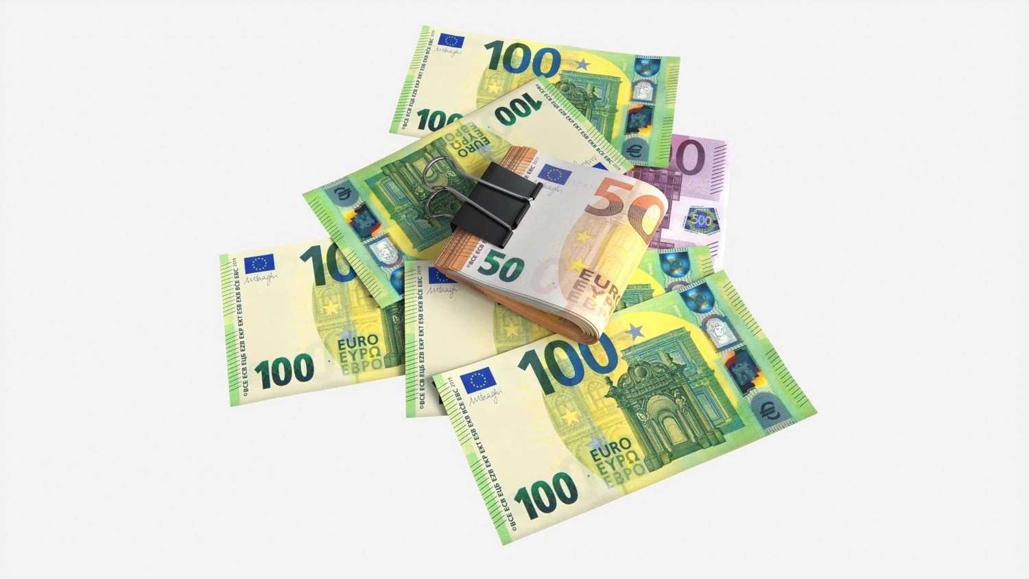 Euro banknotes folded with clip 02 3D Model .c4d .max .obj .3ds .fbx .stl .blend 
