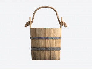 Old Wooden Bucket with Rope Handle 3D Модель