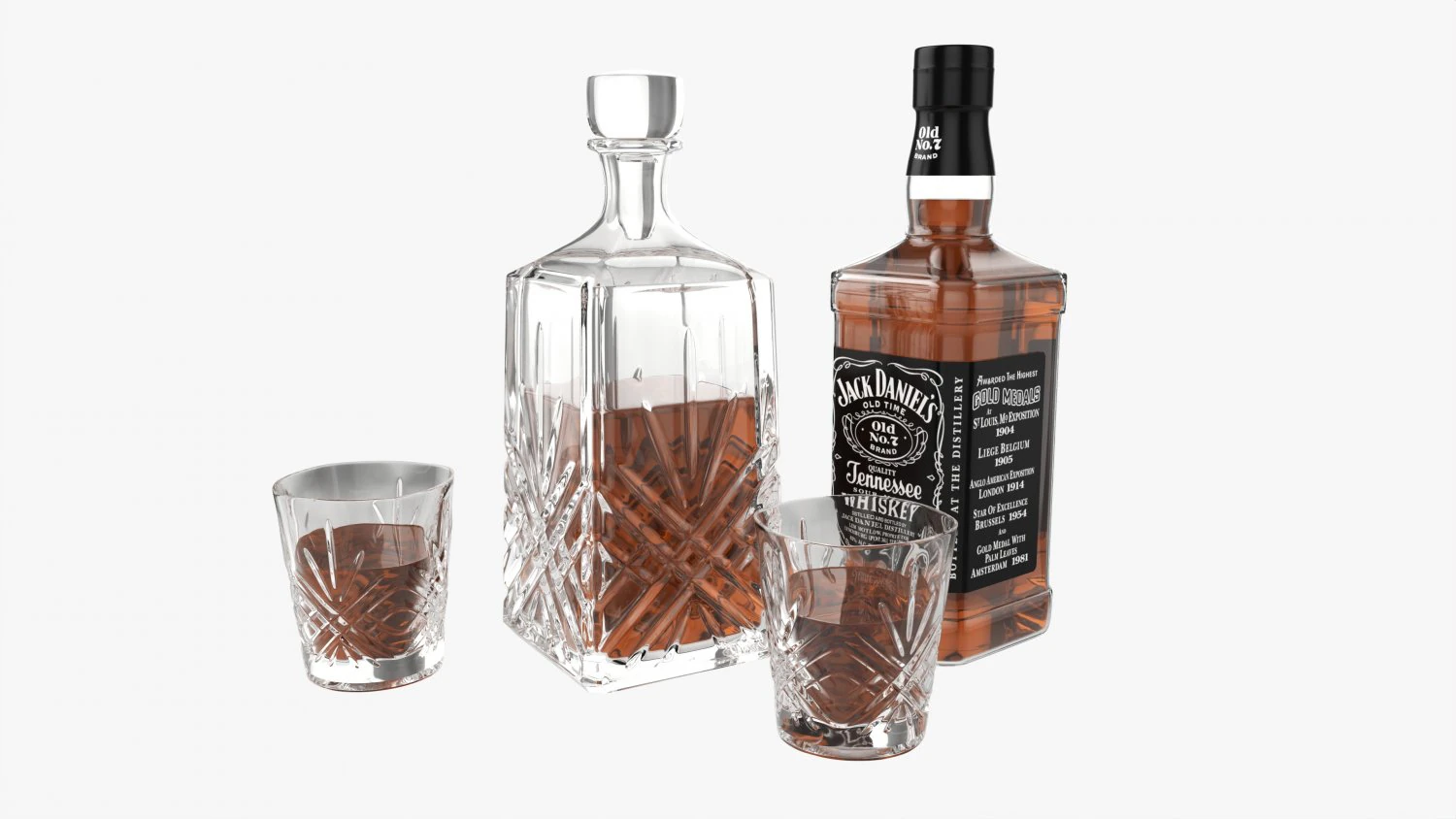 Бутылка-декантер для виски Jack Daniels со стаканами 3D Модель .c4d .max .obj .3ds .fbx .stl .blend 