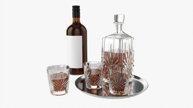 Whiskey Set on Tray Decanter Bottle and Glasses 3D Model .c4d .max .obj .3ds .fbx .stl .blend 