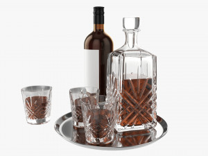 Whiskey Set on Tray Decanter Bottle and Glasses 3D Model