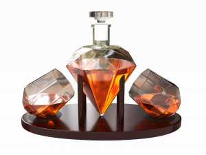 Diamond Whisky Decanter With Glasses And Wooden Holder Modelo 3D