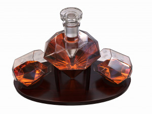 Diamond Whisky Decanter With Glasses And Wooden Holder Modelo 3D