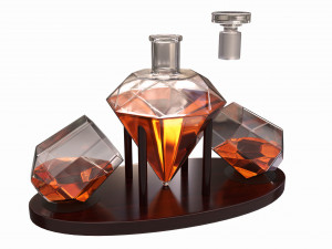 Diamond Whisky Decanter With Glasses And Wooden Holder Modelo 3D