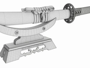 Japanese sword Katana on a small stand 3D Model
