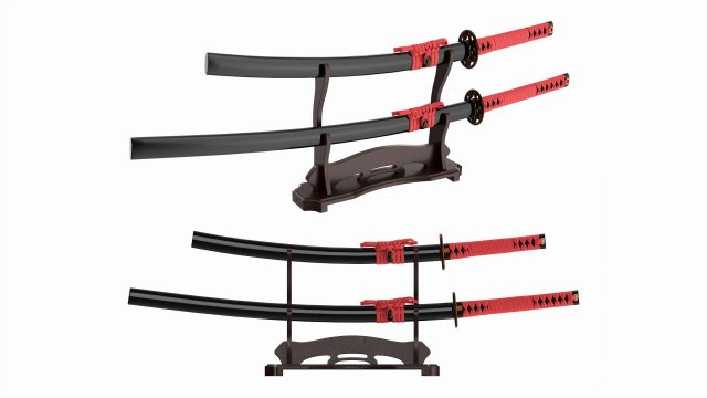 Japanese two sword Katana Wakizashi on a stand 3D मॉडल .c4d .max .obj .3ds .fbx .stl .blend 