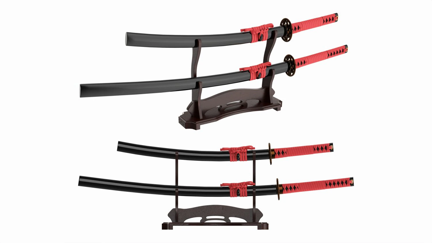 Japanese two sword Katana Wakizashi on a stand 3D Model .c4d .max .obj .3ds .fbx .stl .blend