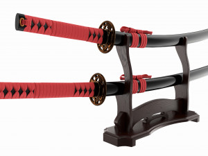 Japanese two sword Katana Wakizashi on a stand 3D मॉडल