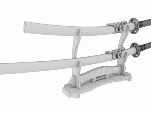 Japanese two sword Katana Wakizashi on a stand 3D Model