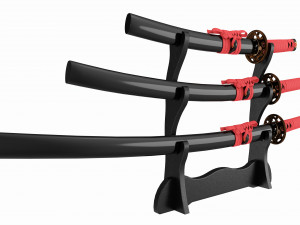 Katana Wakizashi Tanto Set on a Stand 3D 모델