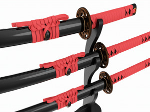 Katana Wakizashi Tanto Set on a Stand 3D 모델