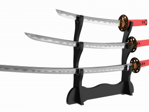 Katana Wakizashi Tanto Set on a Stand 3D 모델