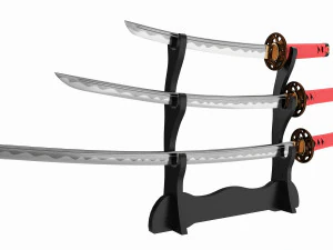 Stand &Uuml;zerinde Katana Wakizashi Tanto Seti 3D Model