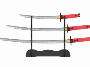 Katana Wakizashi Tanto Set on a Stand 3D 모델