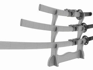 Stand &Uuml;zerinde Katana Wakizashi Tanto Seti 3D Model