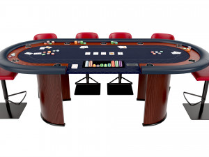 Poker Table Rectangular Curved Corners Full Set with Chairs 3D Модель