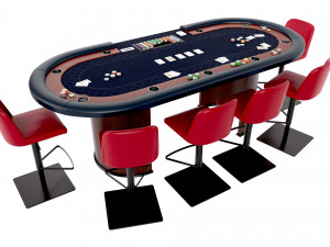 Poker Table Rectangular Curved Corners Full Set with Chairs 3D Модель