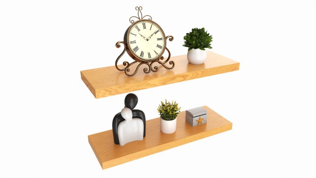 Floating Wooden Shelves with Decorations and Plants 3D 모델 .c4d .max .obj .3ds .fbx .stl .blend 