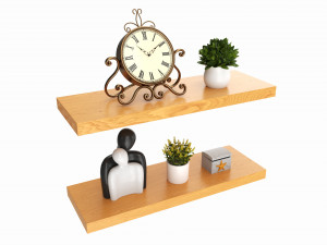 Floating Wooden Shelves with Decorations and Plants 3D Model