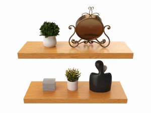 Floating Wooden Shelves with Decorations and Plants 3D Model
